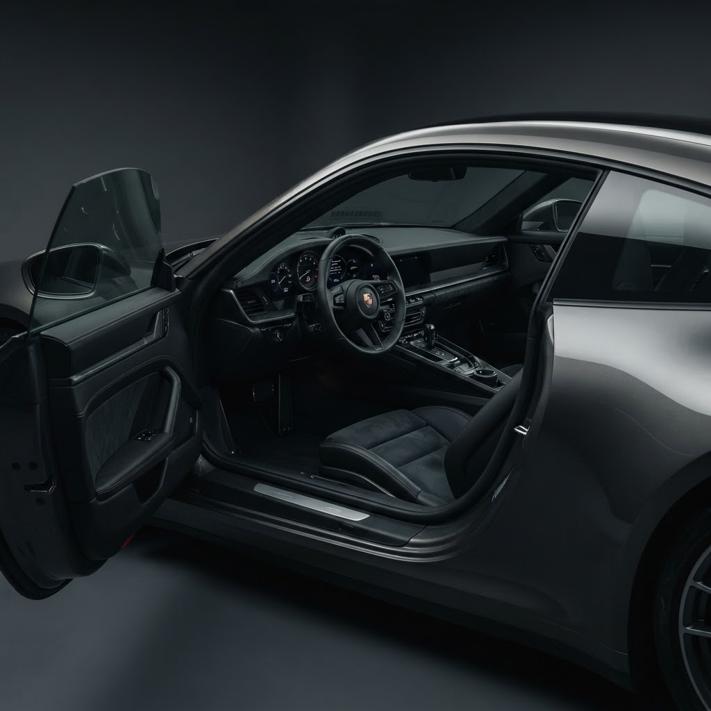 Porsche 911 cockpit with the driver's door open